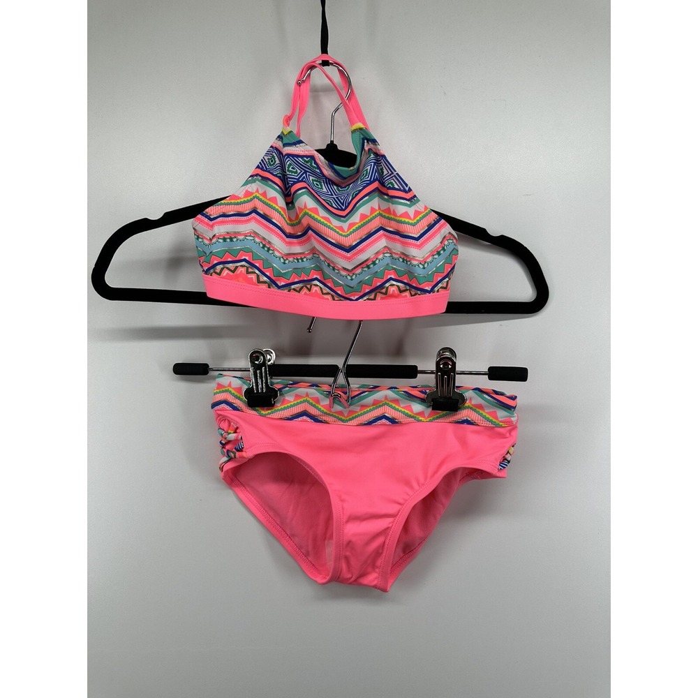 Bikini Set Bathing Suit Justice Girls Pink Geometric Print  2pc Sz 8 NEW No Tags